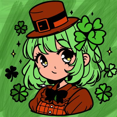 a manga-style girl with clovers around her, a little hat in her hair, like it's saint patrick's day