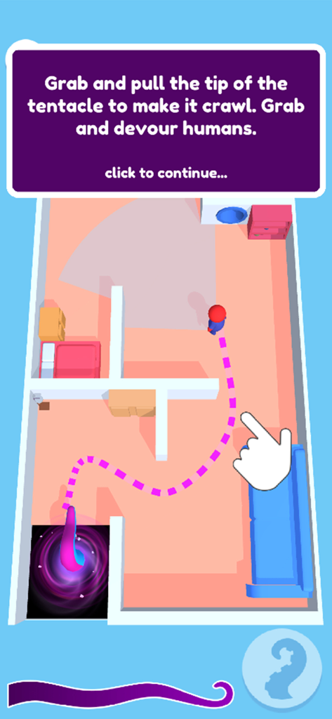 Top-down view of Tentacle Monster 3D gameplay showing a tutorial on how to control the tentacle and devour human characters.