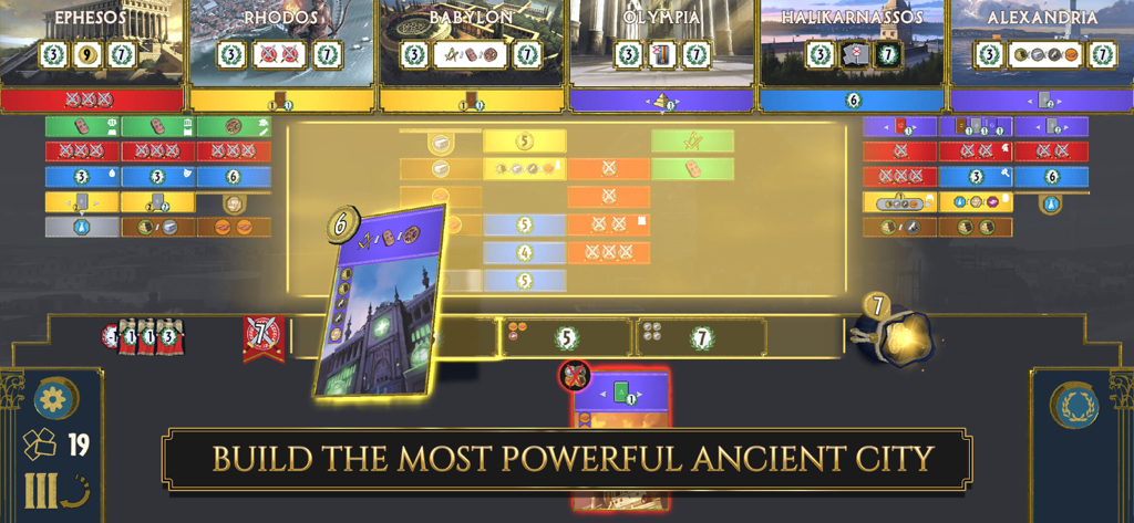 7 Wonders - Interfaz de la aplicación móvil 7 Wonders mostrando jugadores construyendo ciudades antiguas con cartas estratégicas.