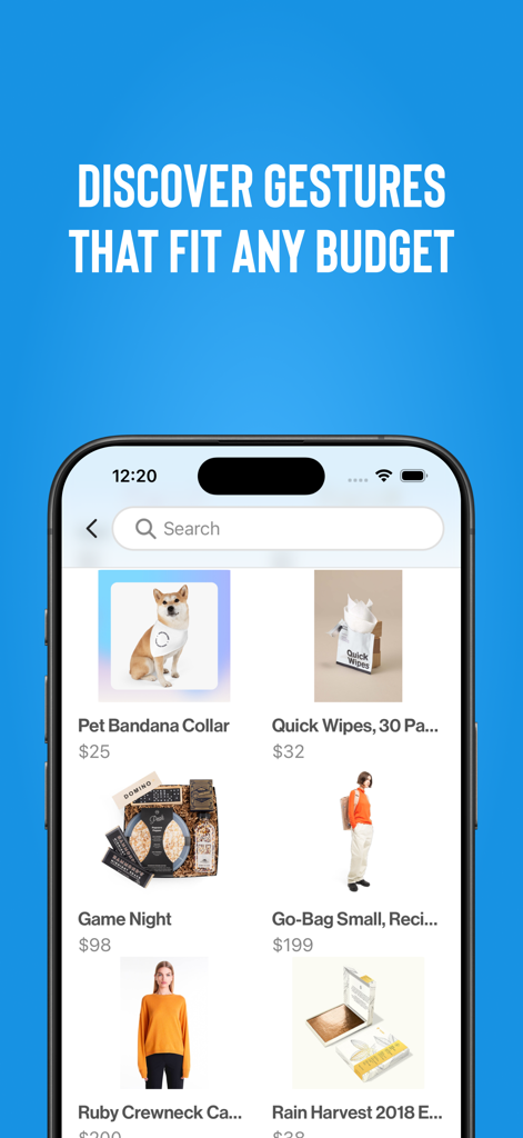 Gesture: REAL Social Gifting - Una interfaz móvil de la aplicación Gesture que muestra una variedad de regalos seleccionados para diferentes presupuestos