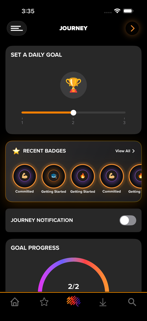 BrainTap app Journey screen displaying daily goals and achievement badges