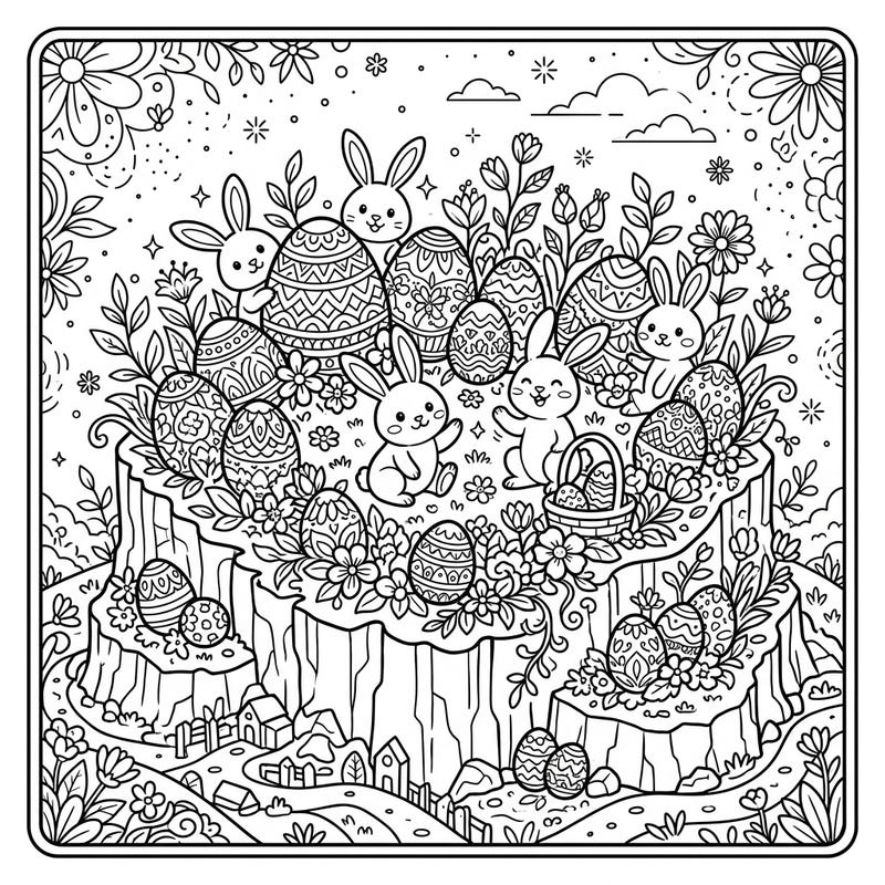 Explore a festive Easter scene where adorable bunnies and beautifully patterned eggs adorn majestic plateaus. This intricate design offers a delightful challenge for teens, blending spring cheer with detailed landscapes.