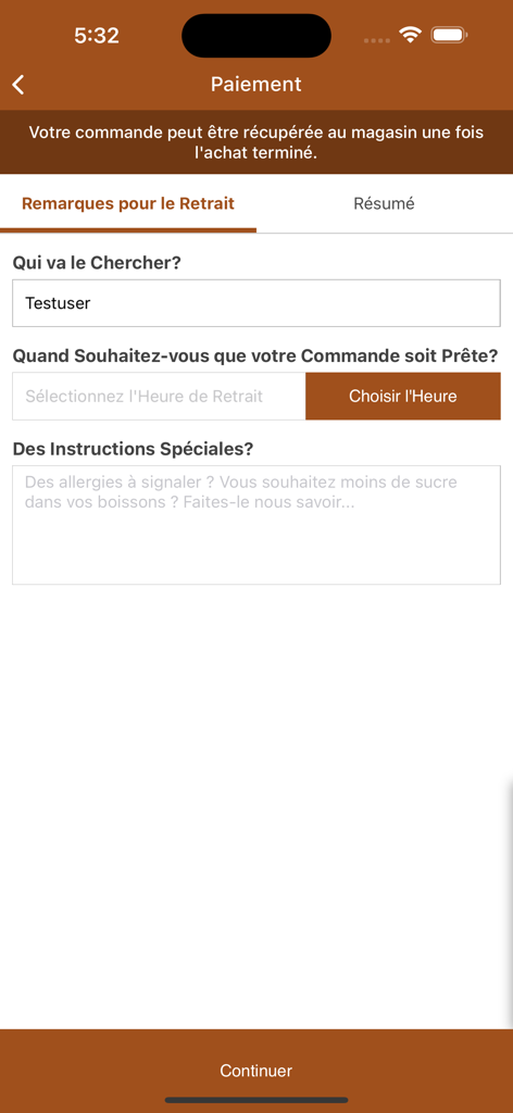 Barri Cafe - Barri Cafe app checkout screen for pickup instructions and scheduling