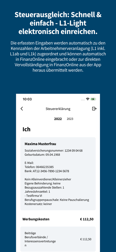 Screenshot of the FinanzOnline plus app showing a tax return overview for an Austrian user