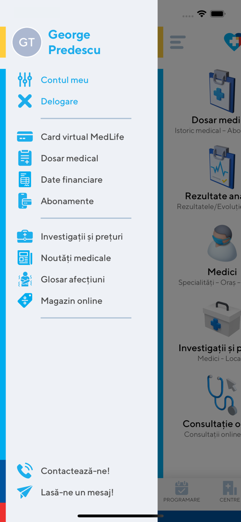 MedLife - Side menu of the MedLife mobile app showing user profile and healthcare navigation options like medical records and subscriptions.
