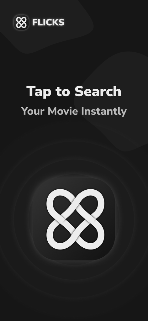 Movie Finder by Image or Video - Flicksアプリの起動画面。「今すぐ映画を検索」のインターフェースとアプリロゴが表示されています。