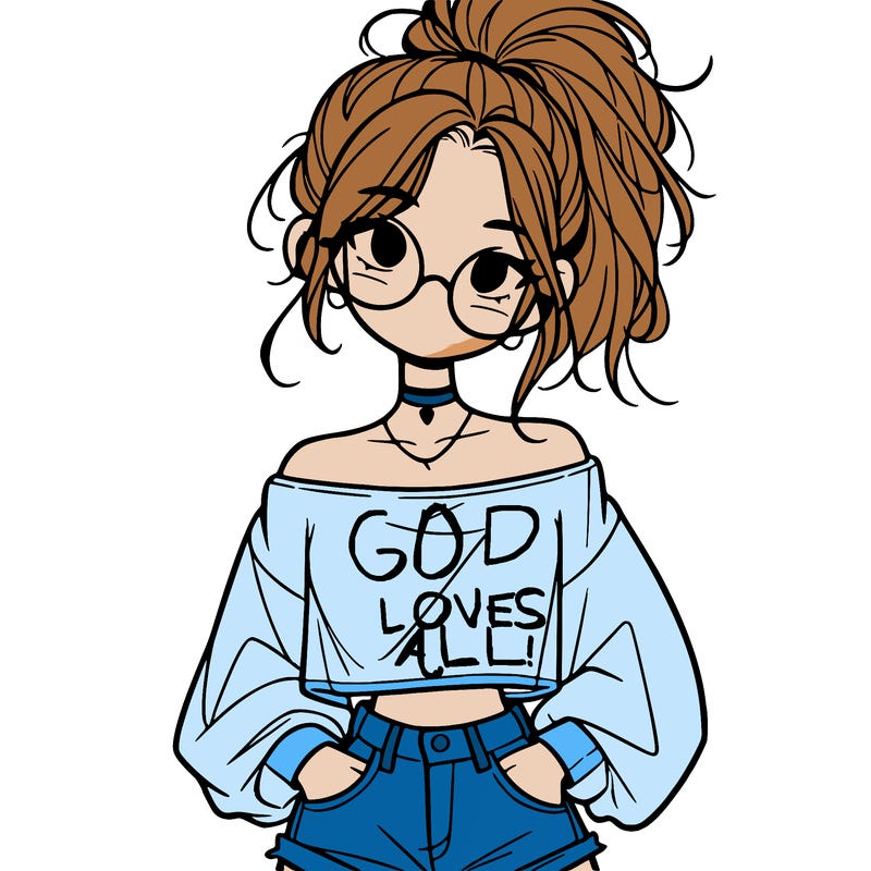 girl with a messy ponytail glasses a baggy crop top and jean shorts