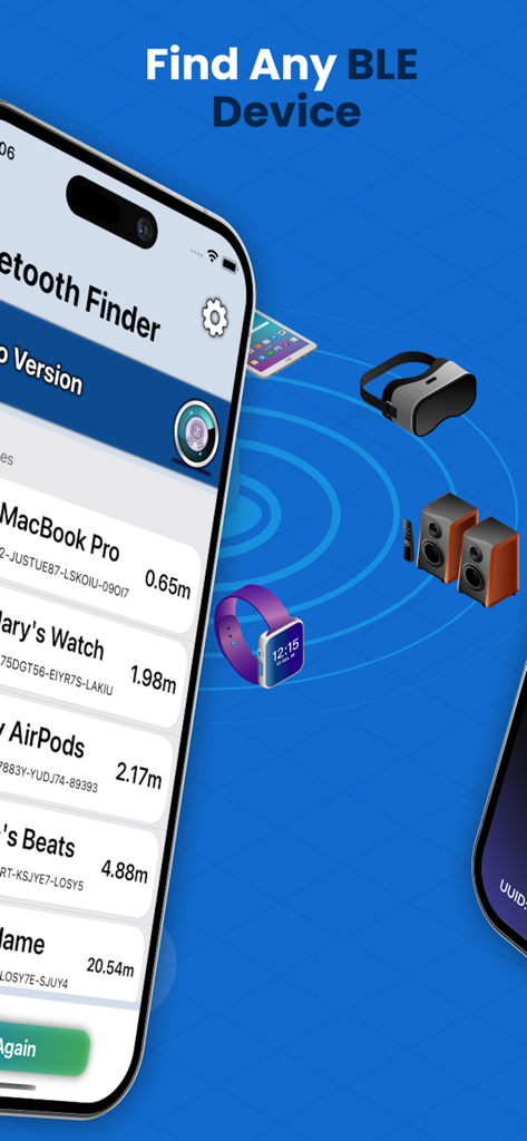 Bluetooth Scanner IO - Pantalla de smartphone que muestra la interfaz de Bluetooth Scanner IO con una lista de dispositivos cercanos y sus distancias relativas