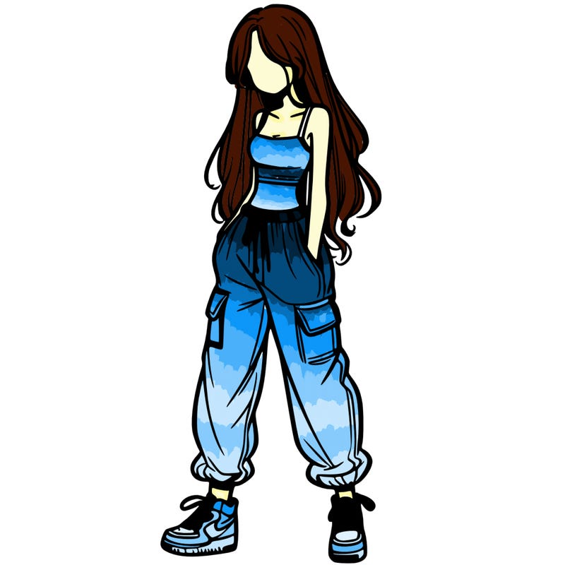 girl in baggy pants crop top and long hair