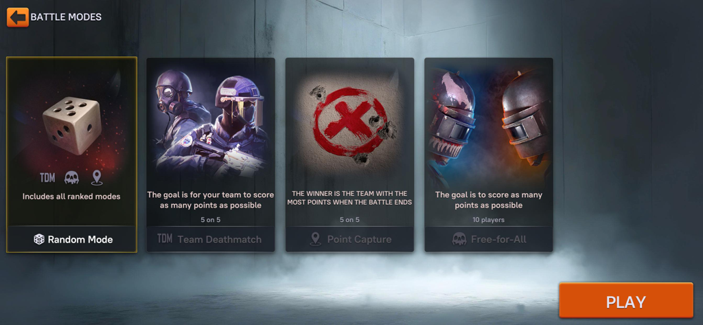 Menu de sélection des modes de jeu dans Tactical OPS Modern Shooter avec les modes Team Deathmatch, Capture de point et Free-for-All