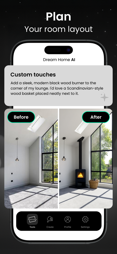 AI-powered before and after comparison showing a modern wood burner added to a lounge layout.