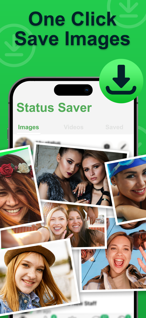 Interface of Status Saver app showing the one click image saving feature with a collage of saved photos