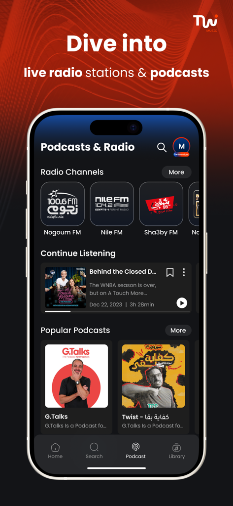 Twist Music, Podcast & Radio - Twist Music app interface featuring popular Middle Eastern radio channels and podcasts
