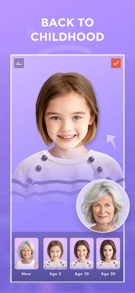FilterRoom - Face Editor - FilterRoom app interface showing the AI back to childhood aging filter results