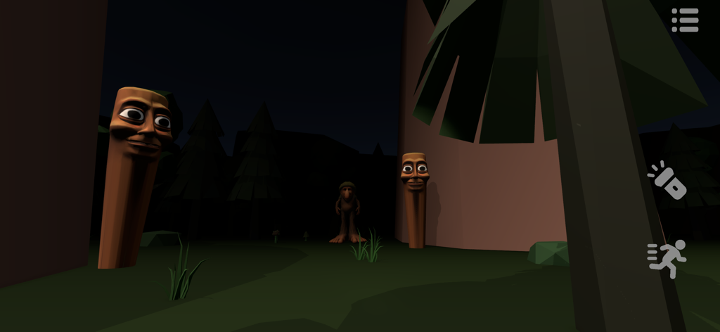 Brr Brr Patapim - Ein dunkler Wald im Spiel Brr Brr Patapim mit gruseligen Meme-Gesichtern auf Baumstämmen und der Patapim-Kreatur in der Ferne.