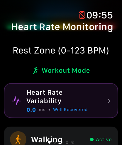 watchHR - Apple Watch上のwatchHRアプリインターフェースに心拍数モニタリング、安静ゾーン、心拍変動データを表示