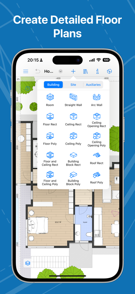 Interface smartphone de Live Home 3D montrant la disposition d'un plan d'étage 2D avec des outils de construction