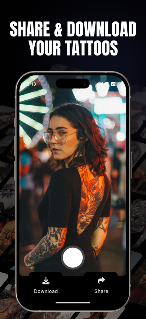 Tattoo Designs App: TattooInk - パーソナライズされたタトゥーデザインの共有とダウンロードオプションを表示するTattooInkアプリインターフェースを表示するスマートフォンスクリーン