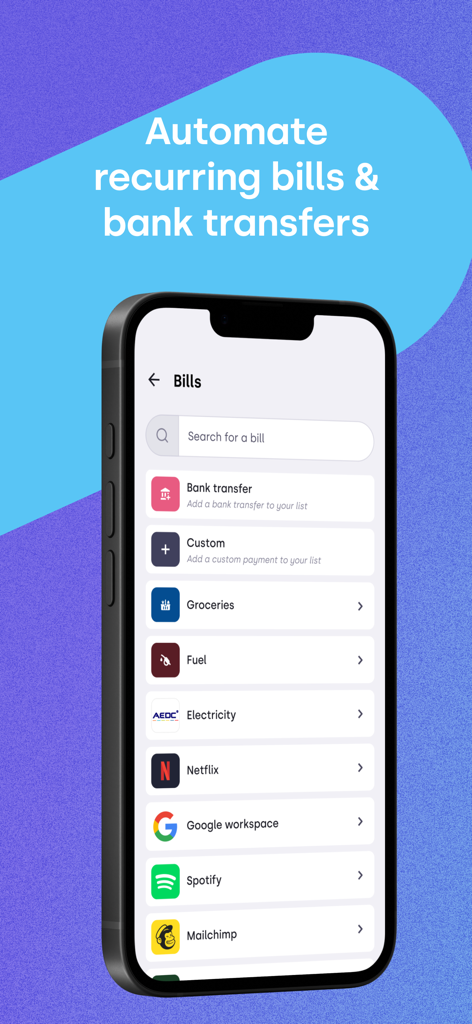 Lint - Smartphone screen showing the Lint app Bills interface for automating recurring payments like Netflix, Spotify, and Google Workspace.