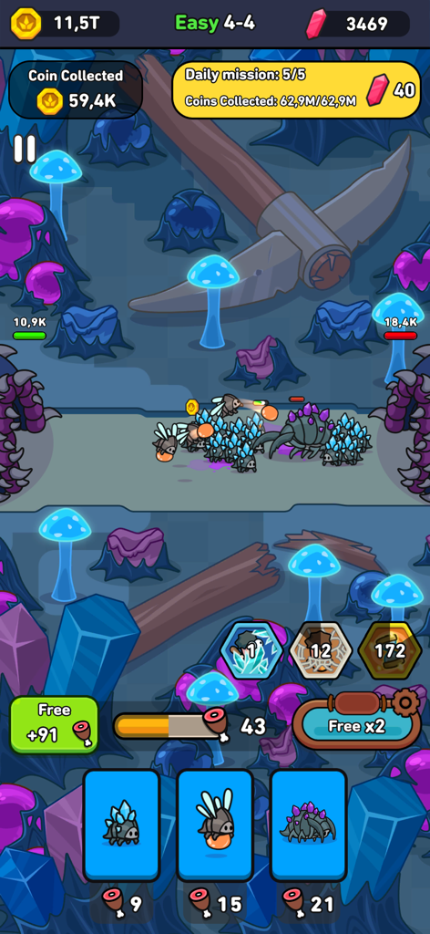 Eternal Empire: Warrior Eras - Gameplay of Eternal Empire Warrior Eras showing units battling in a blue alien world with glowing mushrooms