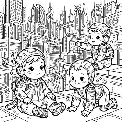 Get ready to color an adorable scene where cute babies are dressed in awesome cyberpunk fashion! Explore a bustling futuristic city filled with high-tech buildings and flying vehicles as you bring this unique world to life.