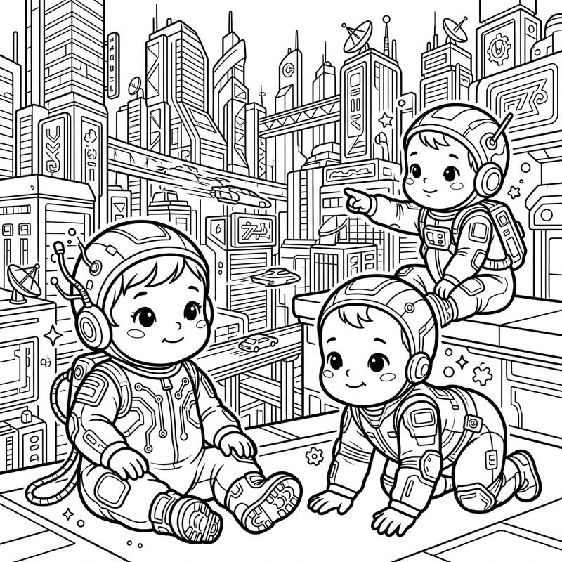 Get ready to color an adorable scene where cute babies are dressed in awesome cyberpunk fashion! Explore a bustling futuristic city filled with high-tech buildings and flying vehicles as you bring this unique world to life.