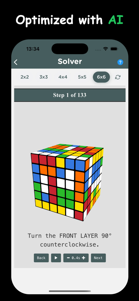Rubix Cube Solver and Guide - A mobile app screen showing AI-powered step-by-step instructions to solve a 6x6 Rubik's cube.