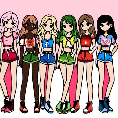 a group of girls wearing crop tops and shorts
