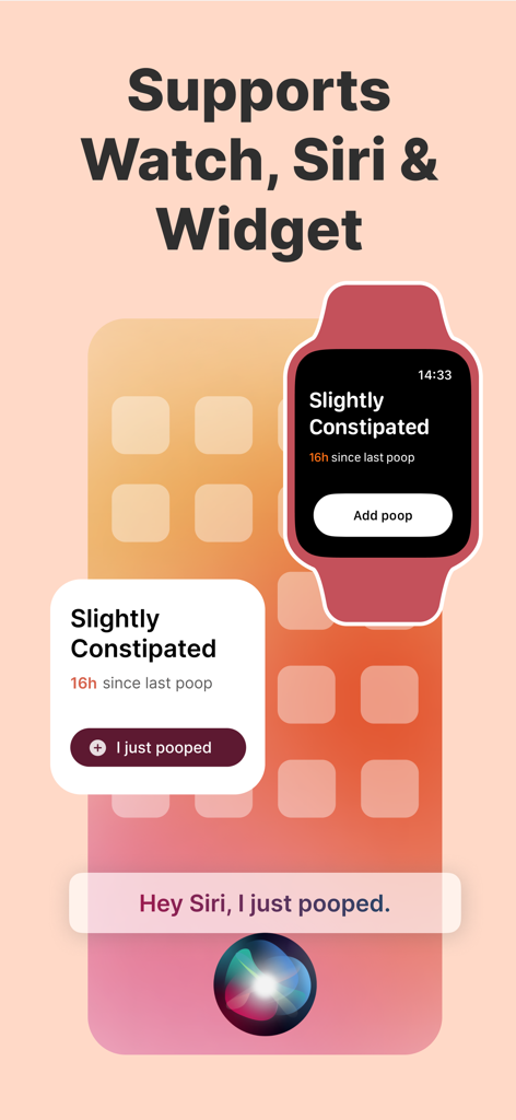 Poop Tracker - Balloon - Captura de pantalla de la aplicación Balloon que muestra la integración con Apple Watch, Siri y widgets para un seguimiento fácil de la salud intestinal.