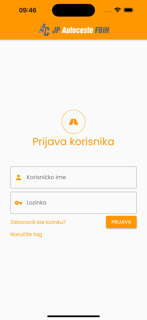 ACC MOBILNA APLIKACIJA - Login screen for the ACC Mobilna Aplikacija showing username and password fields for the Bosnian highway toll system