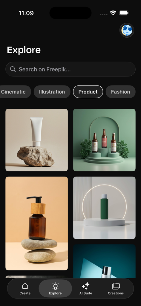 Freepik AI app explore screen showing professional product photography examples for skincare and cosmetics