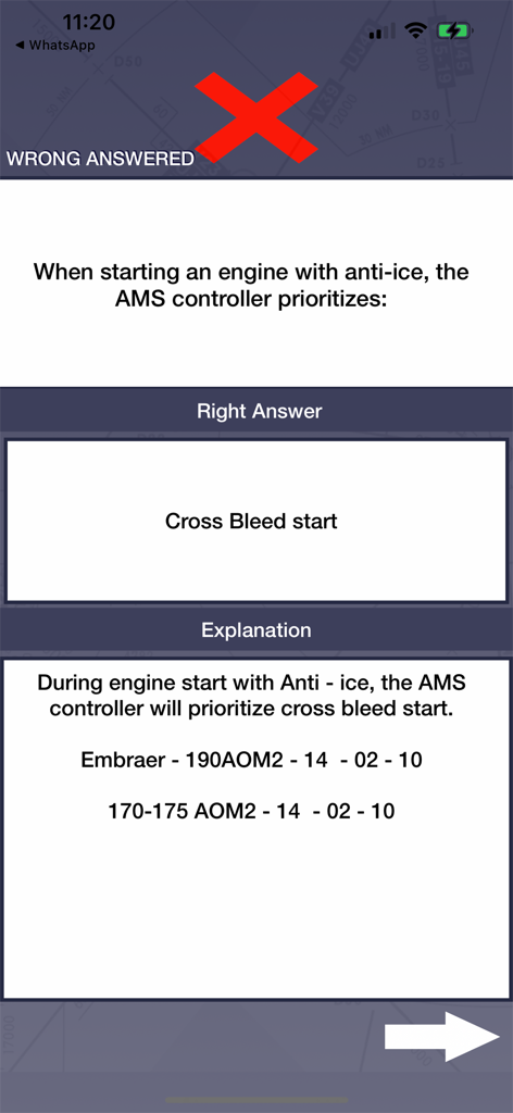 Quiz question screen in E-JETS Training Guide app showing a technical aviation question about engine start with a detailed explanation and manual references.