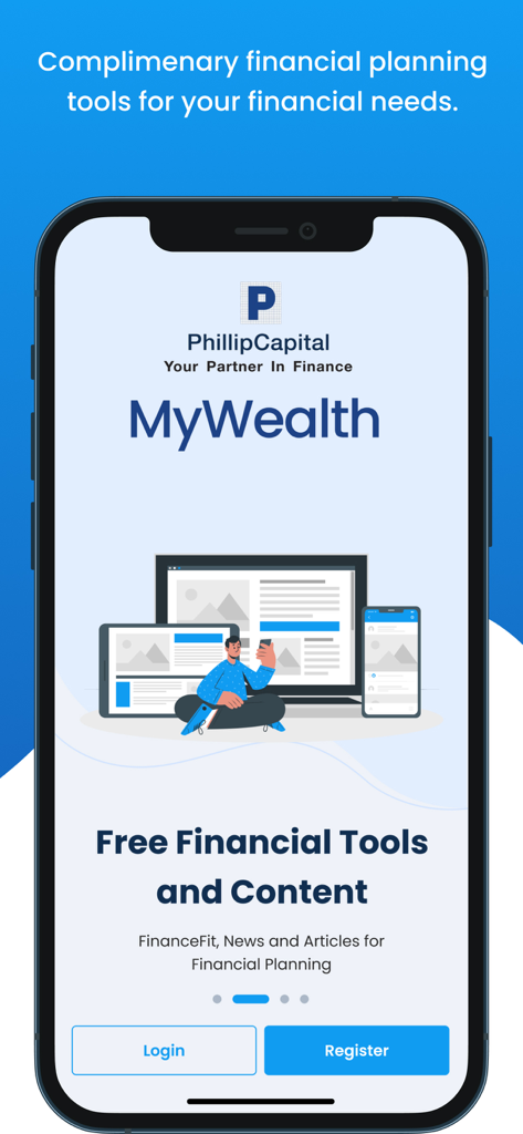 Phillip MyWealth - Phillip MyWealth app splash screen showing free financial planning tools and articles.