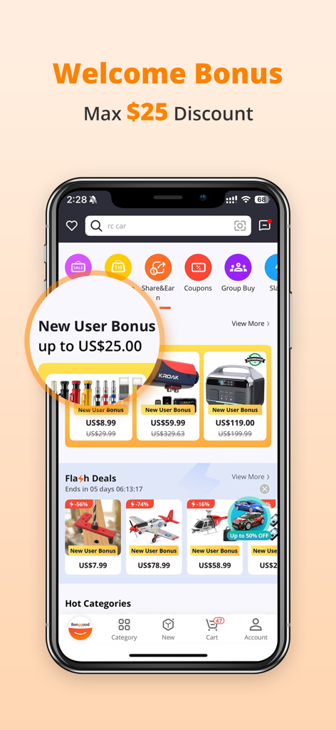 Banggood Global Online Shop - Banggood mobile app interface highlighting a twenty five dollar welcome bonus for new users on gadgets and tools.