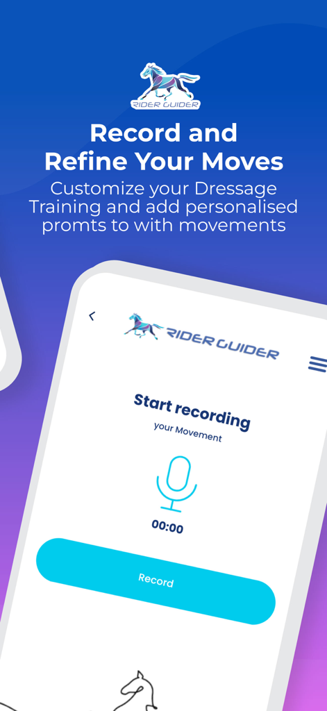 Rider Guider Equestrian App - A smartphone interface of the Rider Guider app showing the voice recording feature for dressage training movements