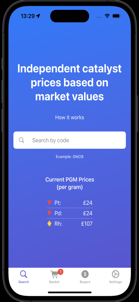 ERoar - ERoar app interface displaying real-time precious metal market prices and a catalyst search bar