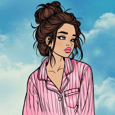 realistic woman with pajamas on and a messy bun