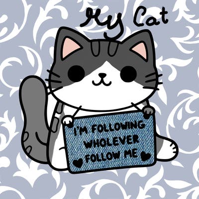cat with a sign that says i’m following whoever follows me
