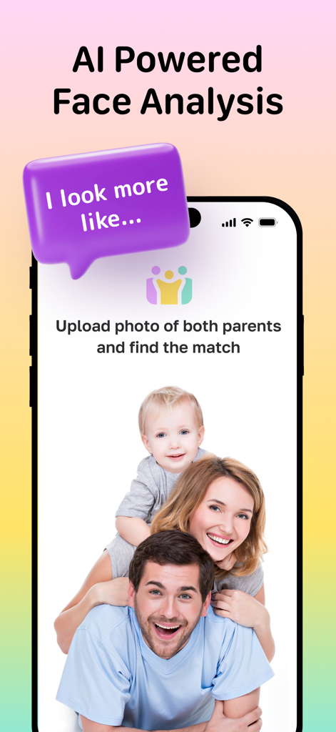 AI Powered Face Analysis app screen showing a happy family and instructions to upload parent photos for baby similarity matching