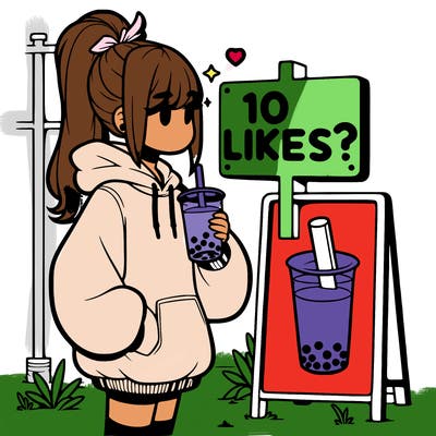 girl with oversized hoodie drinking boba and she has a high ponytail with a sign that says 10likes?