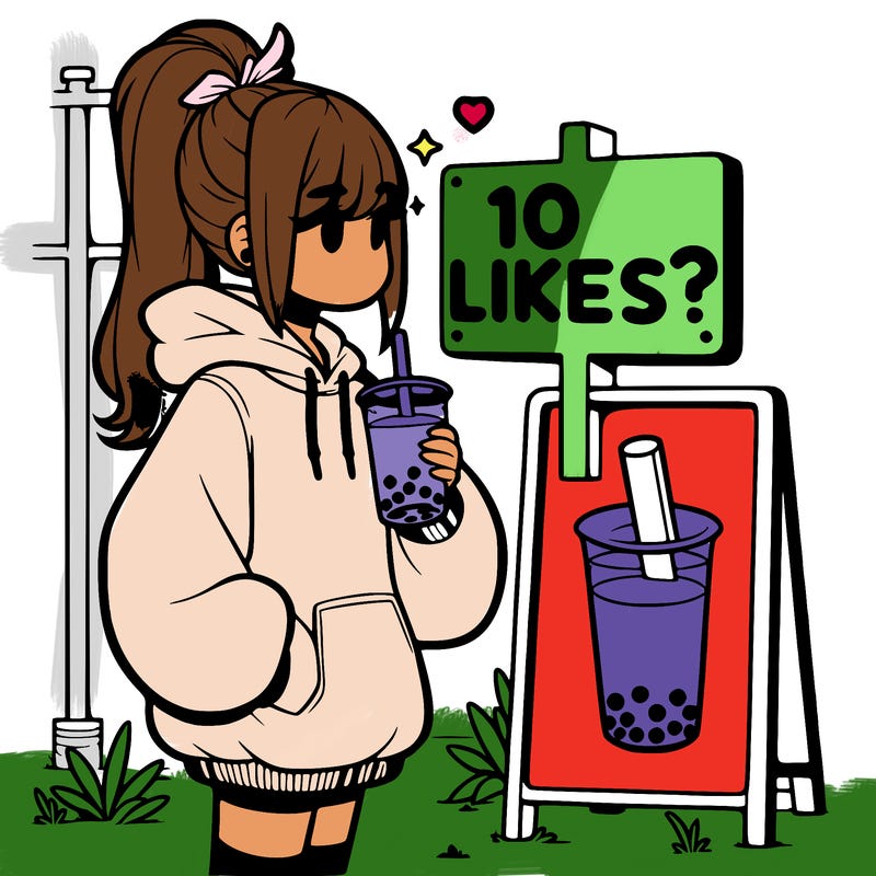 girl with oversized hoodie drinking boba and she has a high ponytail with a sign that says 10likes?