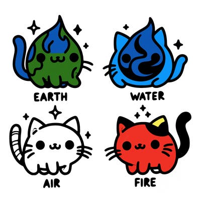 4 cats that represent the different elements, earth, water, air, and fire