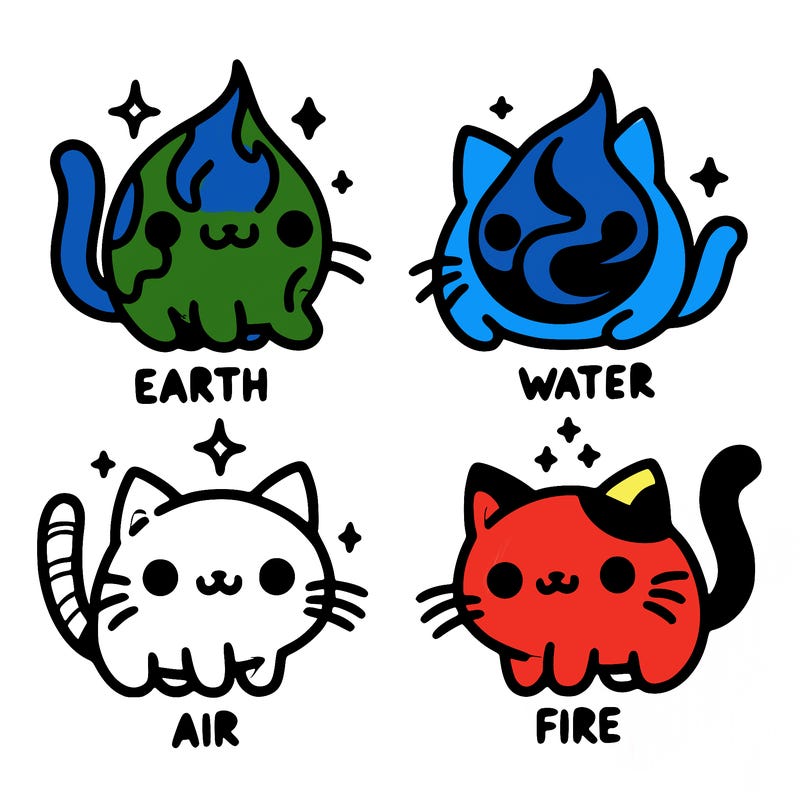 4 cats that represent the different elements, earth, water, air, and fire