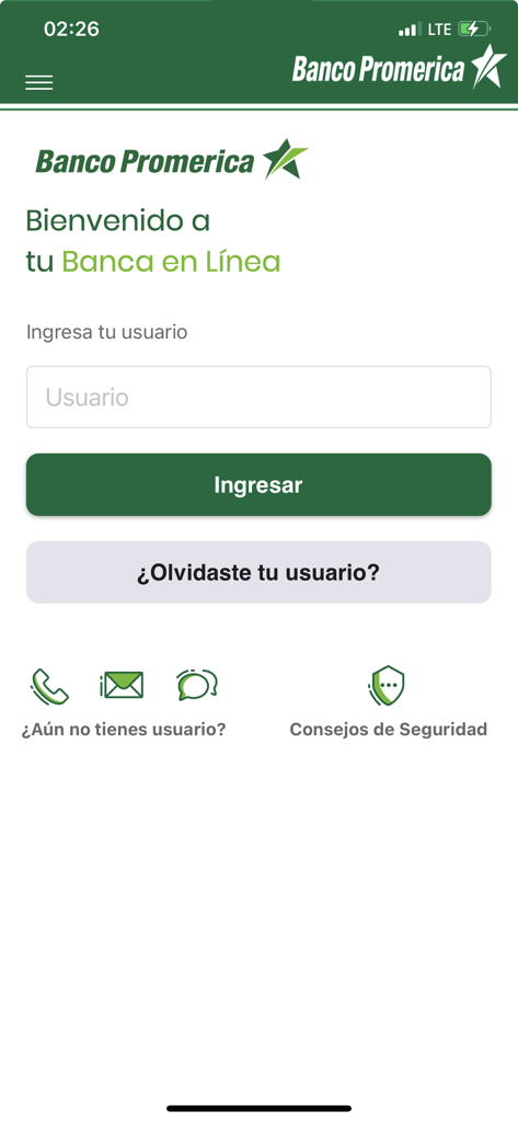The login interface of the Banco Promerica Movil mobile banking app