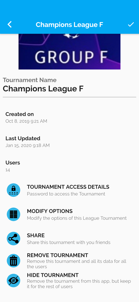 My Tournaments - サッカーリーグの共有とアクセス制御の設定を表示する、トーナメント管理ダッシュボード