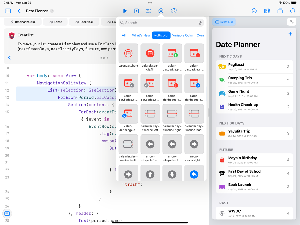 Swift Playground - Swift Playgrounds interface on iPad showing SwiftUI code editor and live preview of a Date Planner app.