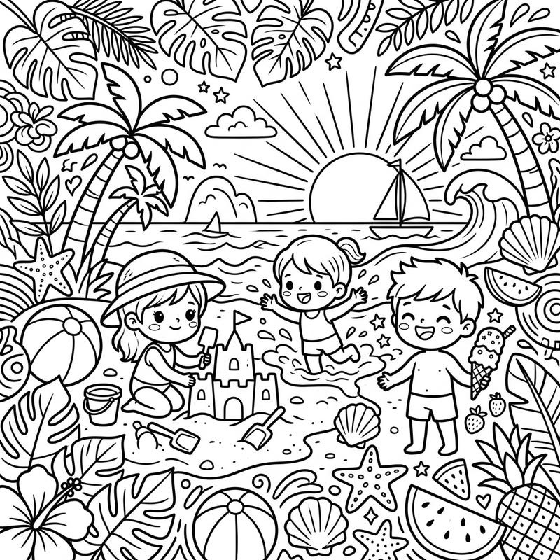 Capture the vibrant energy of summer with this delightful coloring page showing happy children enjoying a beach day. This charming illustration is perfect for sparking creativity and bringing the sunny season to life.
