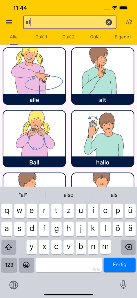 Pantalla de búsqueda de la app GuK que muestra tarjetas ilustradas de lenguaje de signos para palabras alemanas como Ball y Hello.