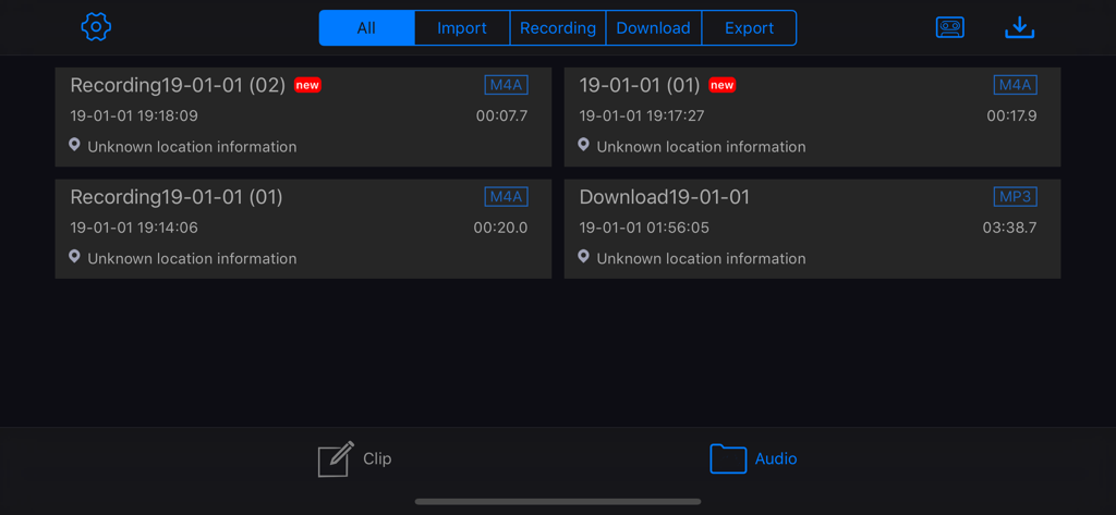 EZAudioCut app interface showing a list of audio recordings and files