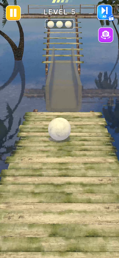 Rolling Balance Ball 3D - A white ball balancing on a wooden bridge over water in Rolling Balance Ball 3D